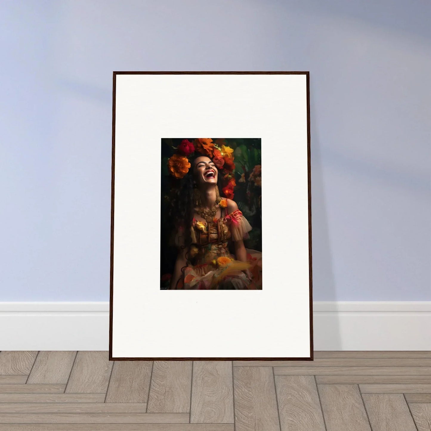 Framed artistic portrait of Lush Dawn Wildfire with red flowers and dramatic lighting