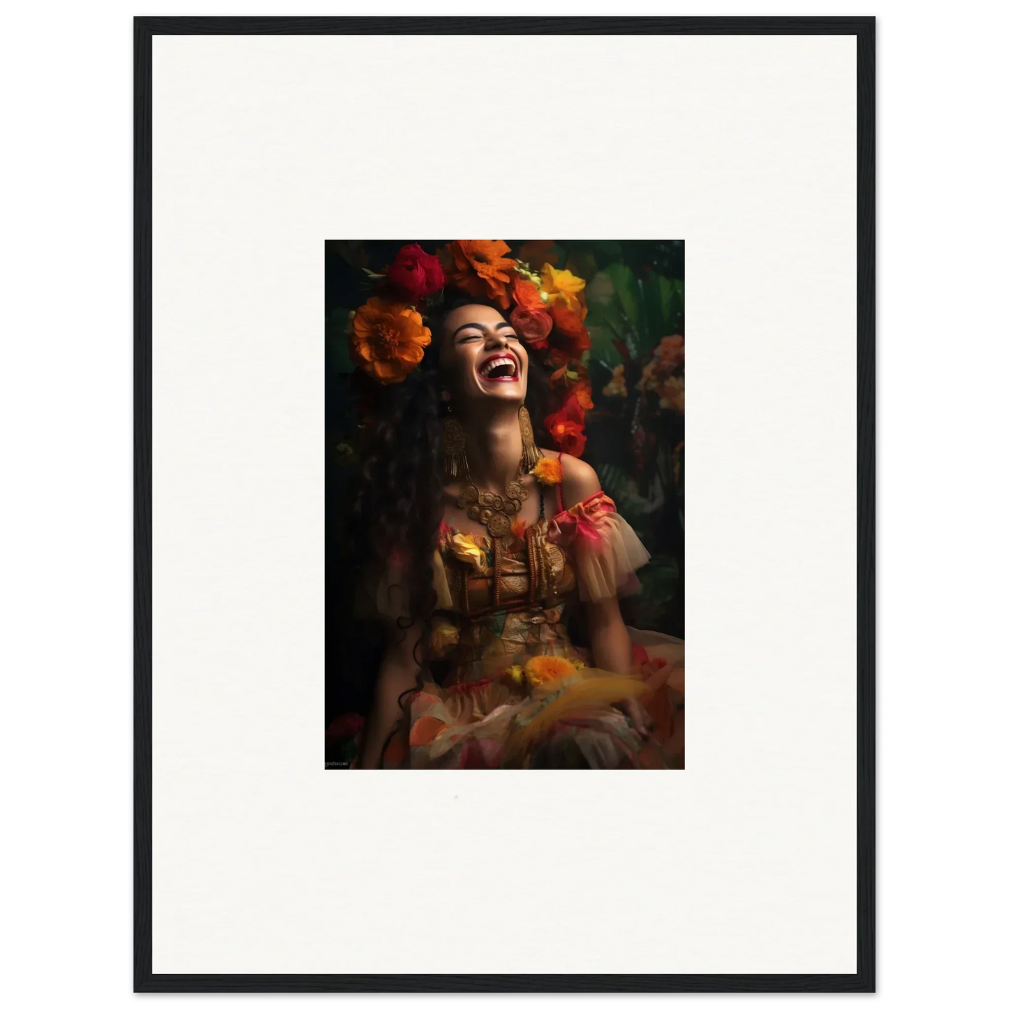 Joyful portrait in Lush Dawn Wildfire with red dress and vibrant orange flowers