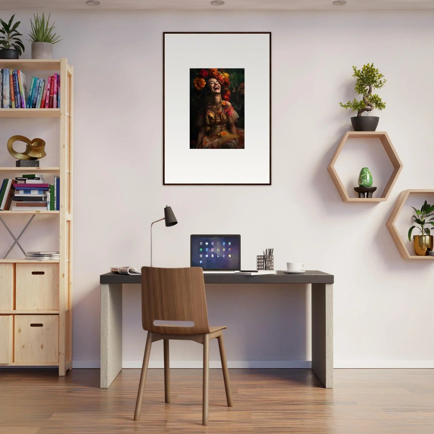 Modern home office with a dark desk and hexagonal shelves featuring Lush Dawn Wildfire