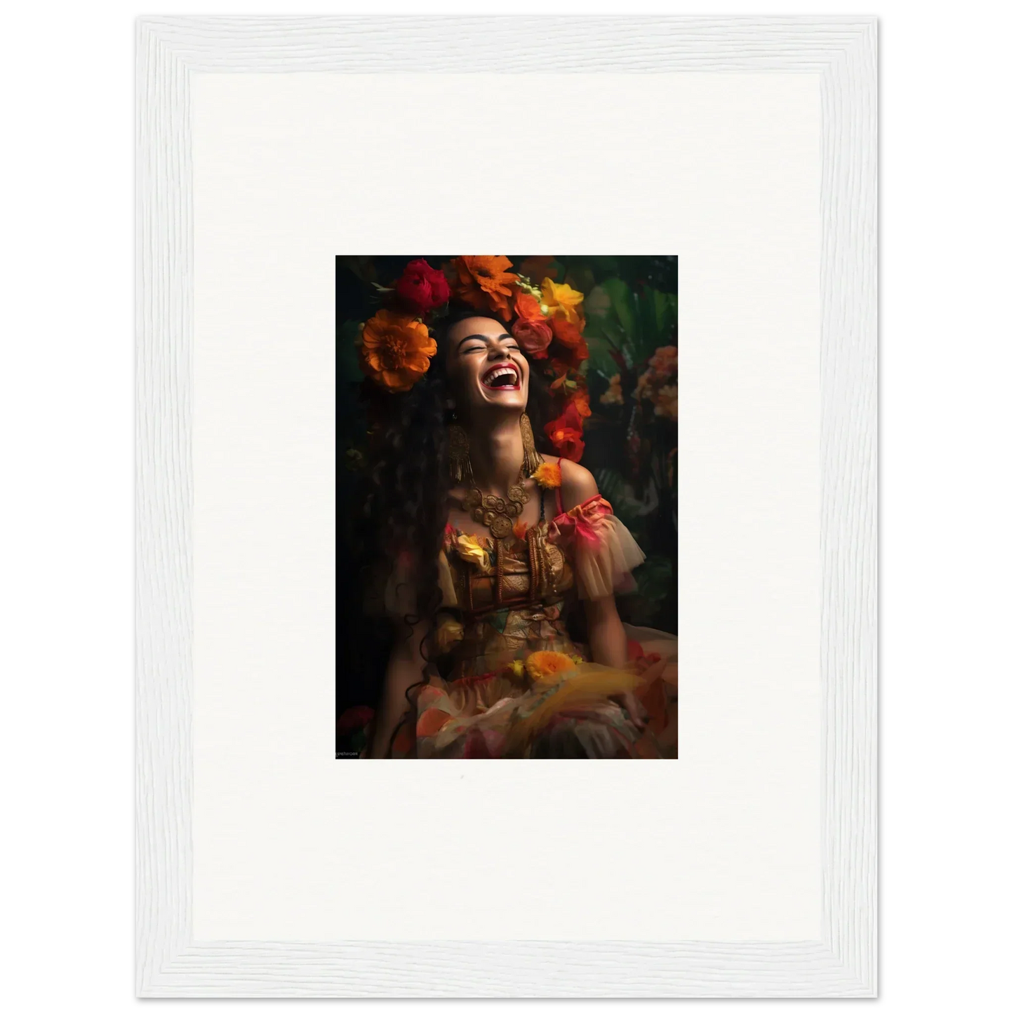 Joyful portrait of Lush Dawn Wildfire with vibrant autumn flowers and cultural adornments