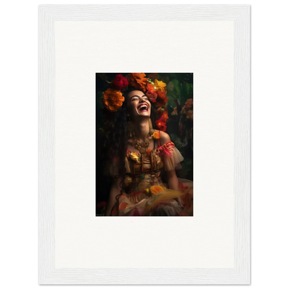 Joyful portrait of Lush Dawn Wildfire with vibrant autumn flowers and cultural adornments