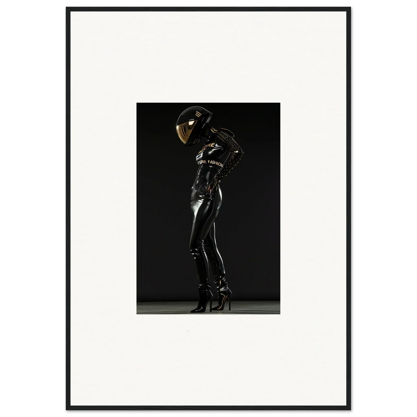 Figure in a shiny black latex or rubber bodysuit and helmet striking a dramatic pose.