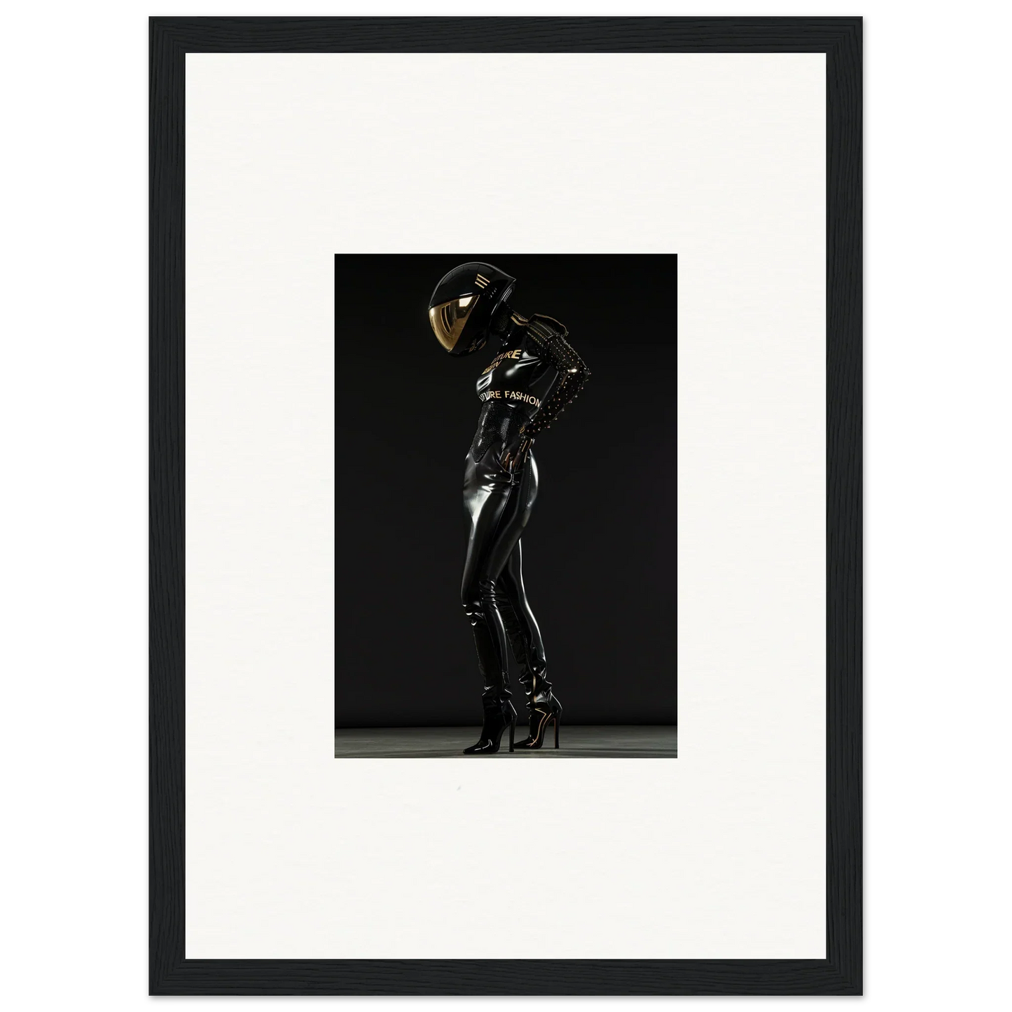 Shiny black latex-clad figure posing dramatically.