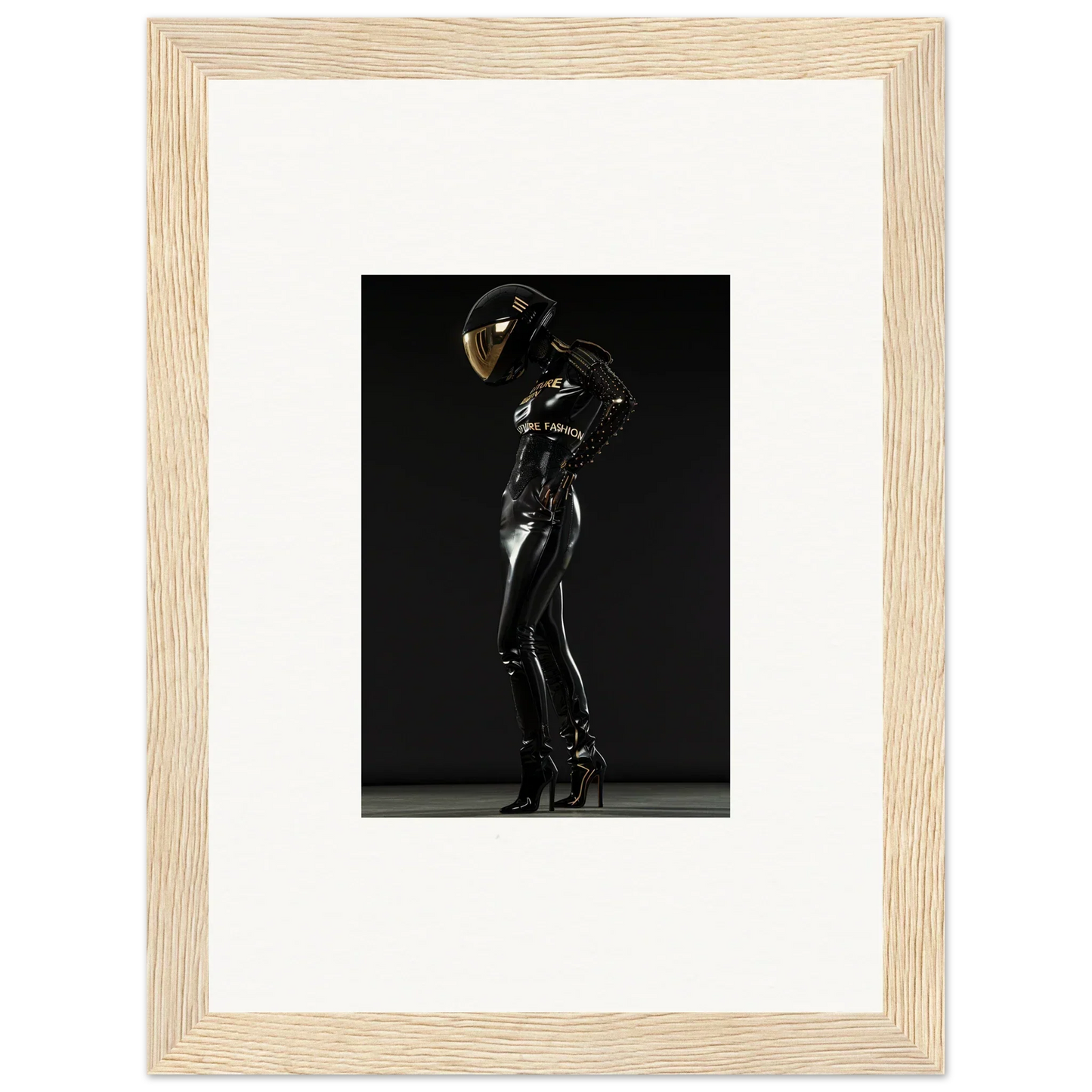 Shiny black latex-clad figure posing dramatically against a dark background.