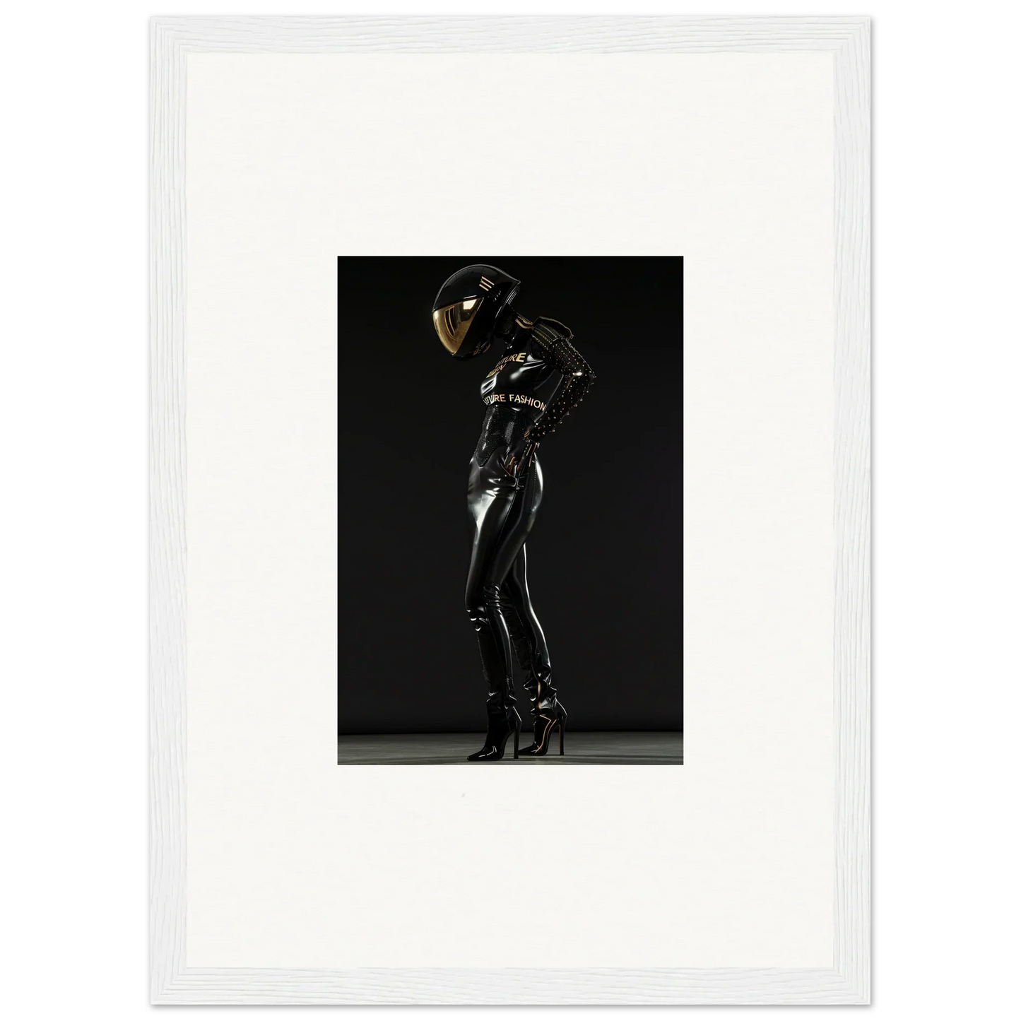 Sleek figure in a shiny black bodysuit and helmet striking a dynamic pose.