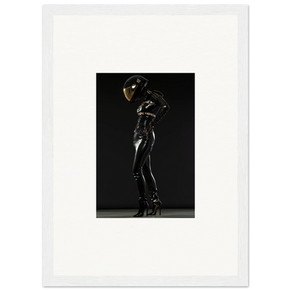 Sleek figure in a shiny black bodysuit and helmet striking a dynamic pose.