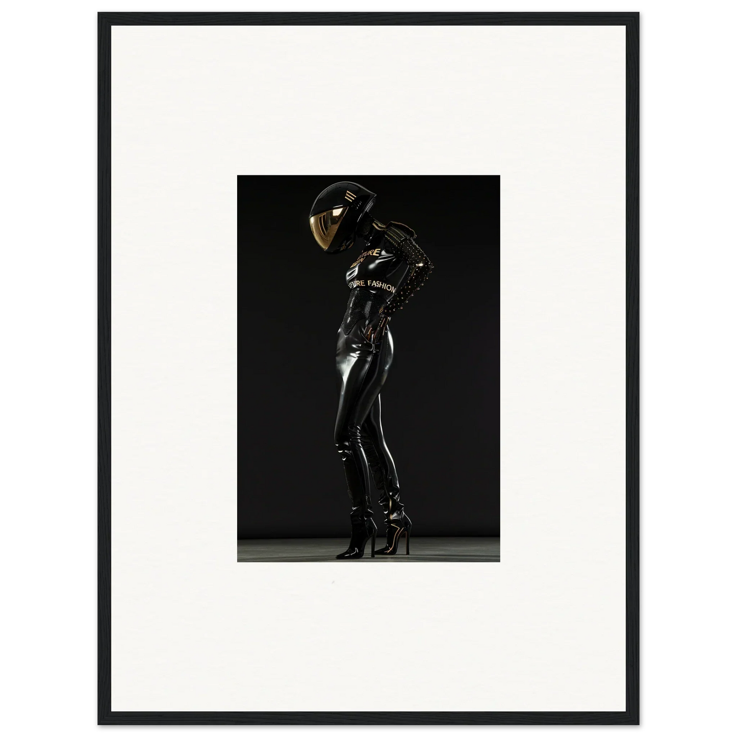 Figure in a shiny black bodysuit and helmet striking a dramatic pose.