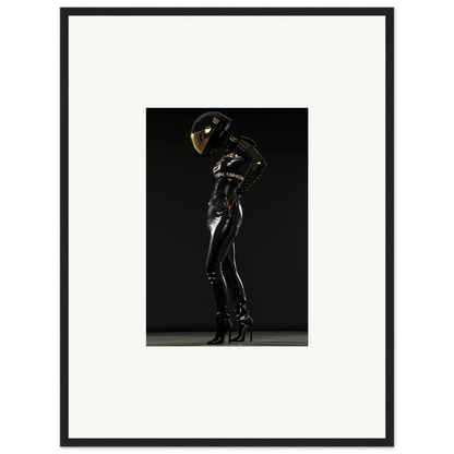 Figure in a shiny black bodysuit and helmet striking a dramatic pose.