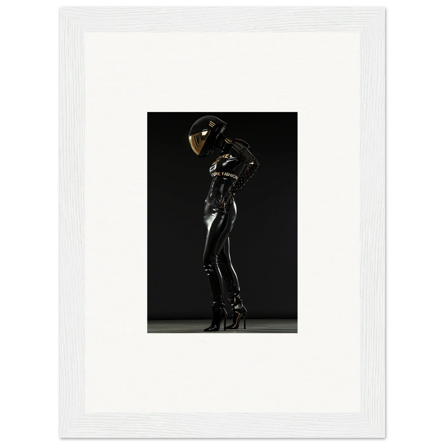 Sleek black latex or leather bodysuit with a reflective helmet, posed dramatically.