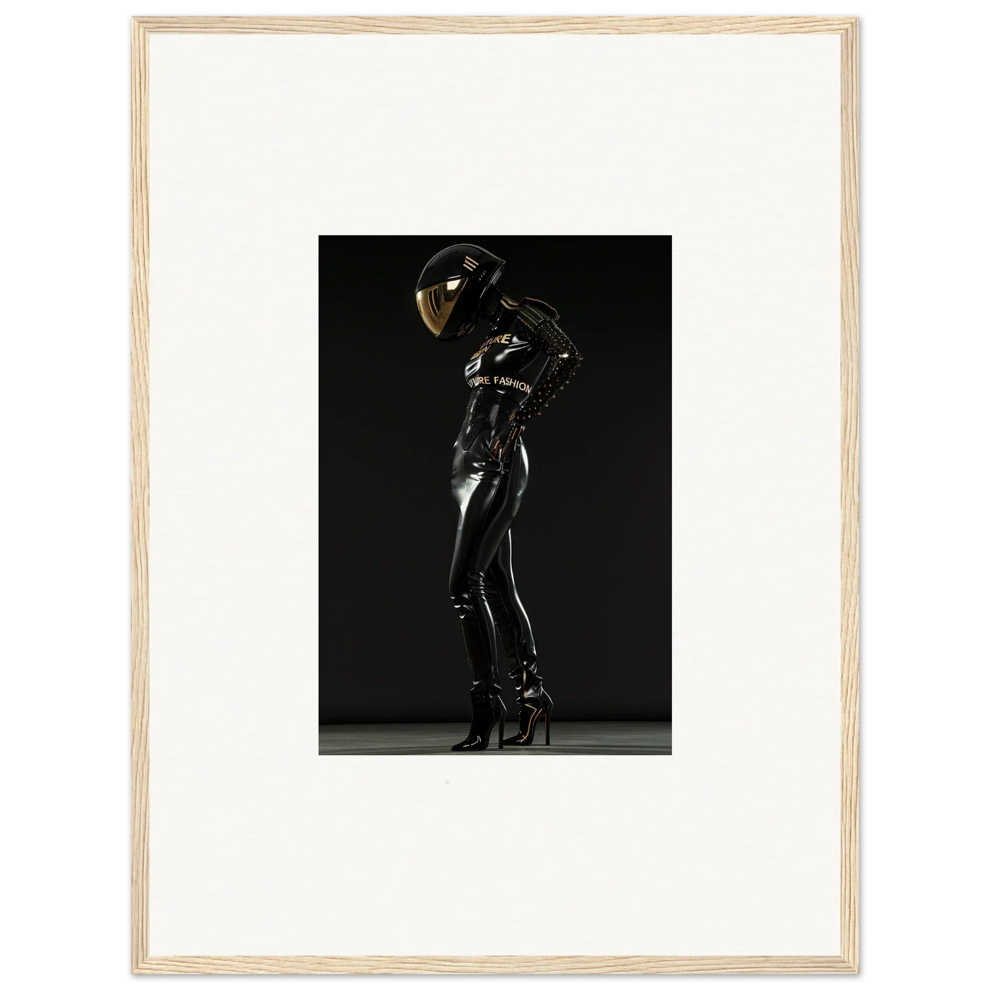 Figure in a shiny black bodysuit and helmet striking a posed stance.