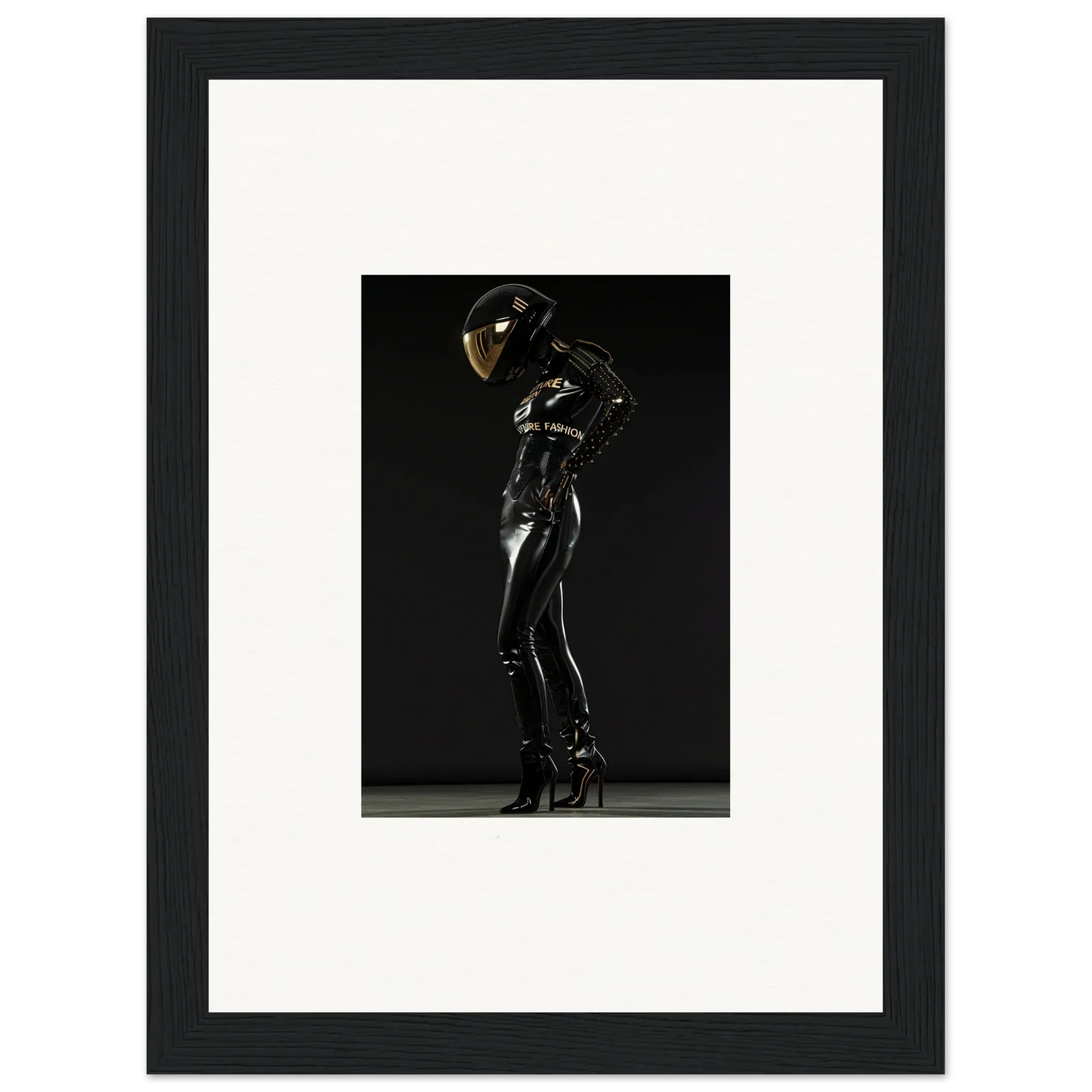 Shiny black latex or rubber bodysuit with a reflective helmet worn by a figure in a dramatic pose.