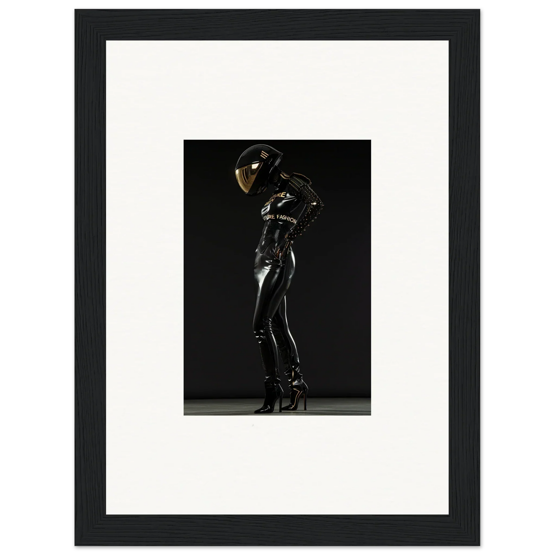 Shiny black latex or rubber bodysuit with a reflective helmet worn by a figure in a dramatic pose.