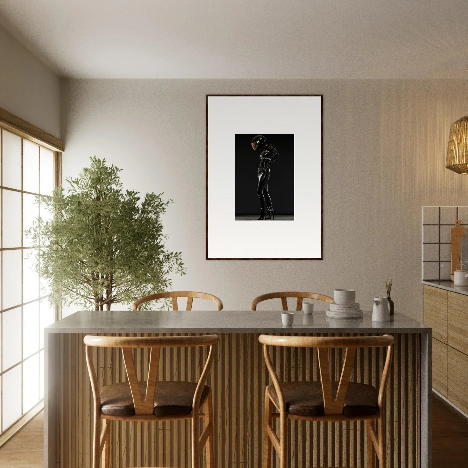 Dining area with a table, chairs, and a potted olive tree.