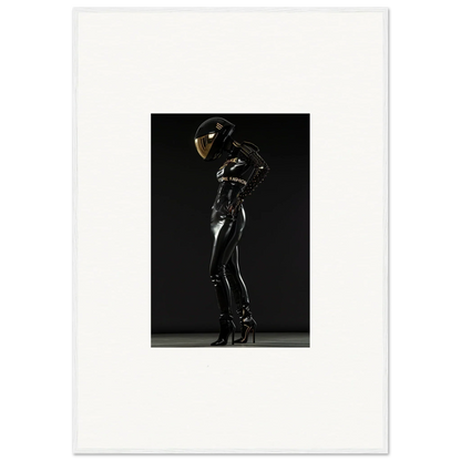 Figure in a shiny black bodysuit and helmet striking a dynamic pose.