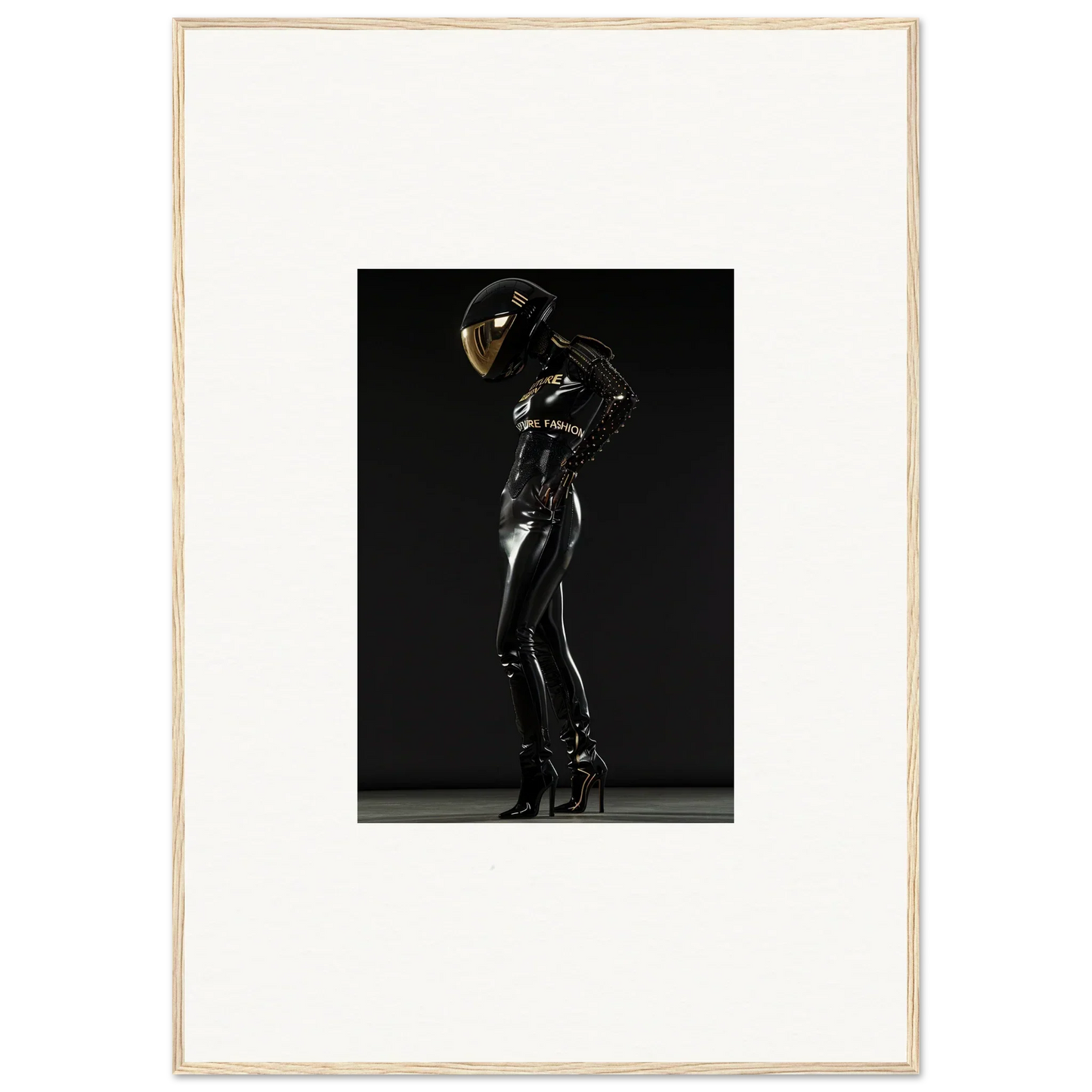 Figure in a shiny black bodysuit and helmet posed dramatically against a dark background.