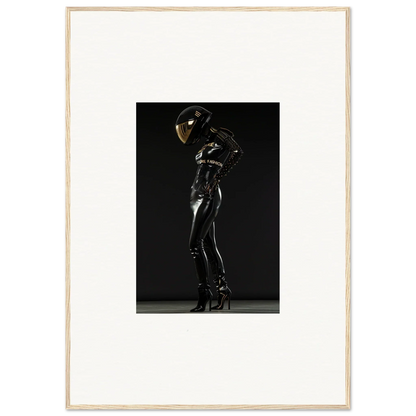 Figure in a shiny black bodysuit and helmet posed dramatically against a dark background.