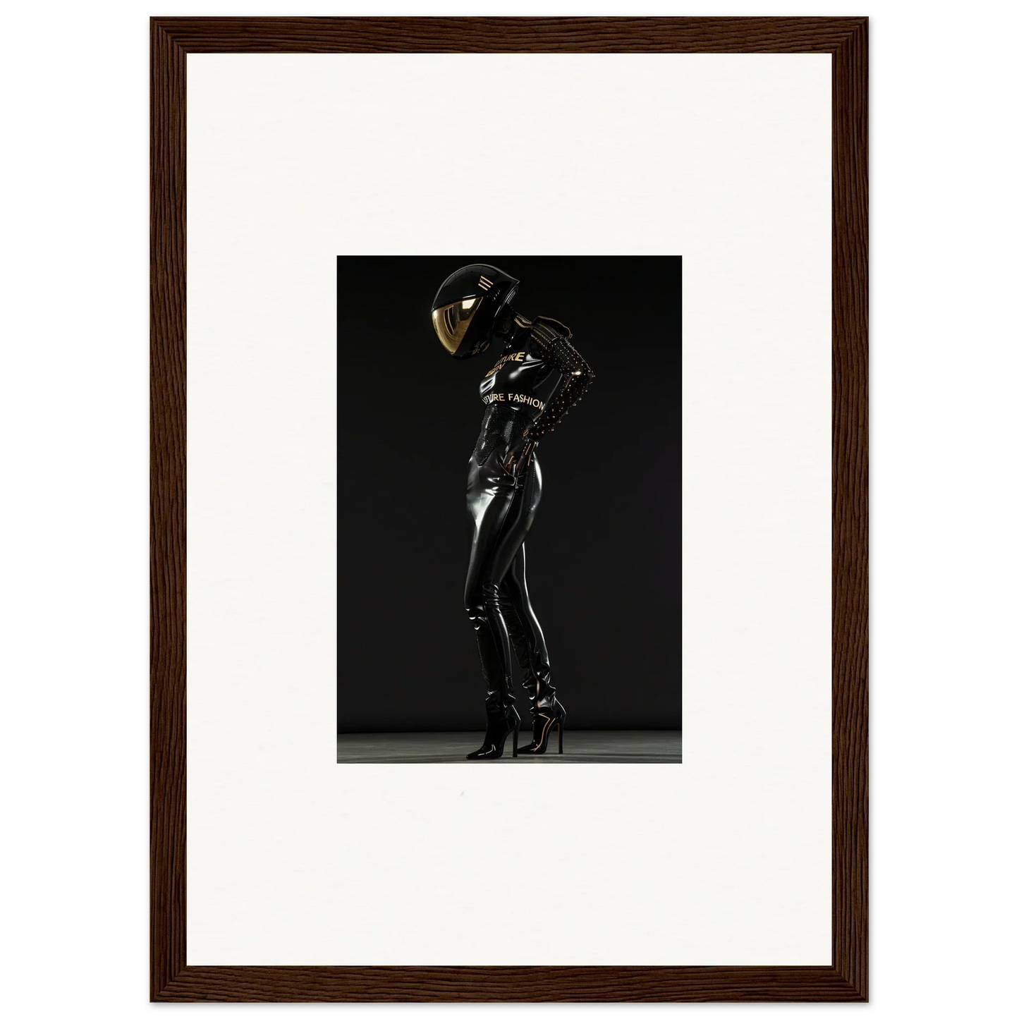 Sleek black latex or rubber bodysuit with a reflective helmet, posed dramatically.