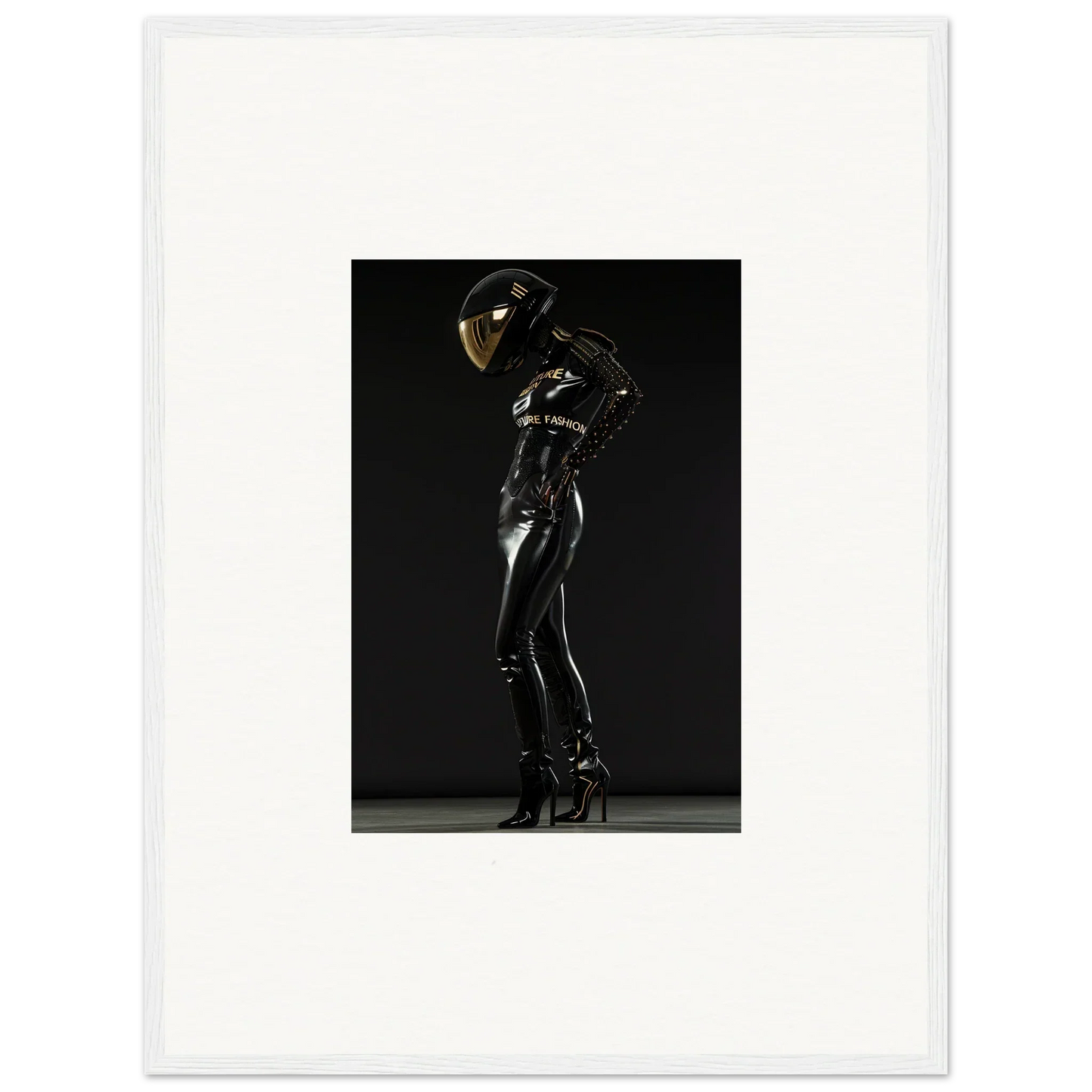 Figure in a shiny black bodysuit and helmet striking a dramatic pose.