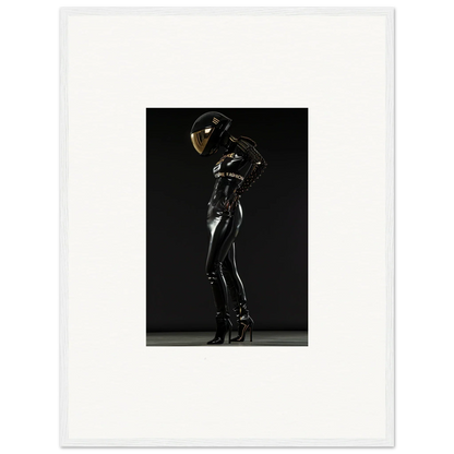 Figure in a shiny black bodysuit and helmet striking a dramatic pose.