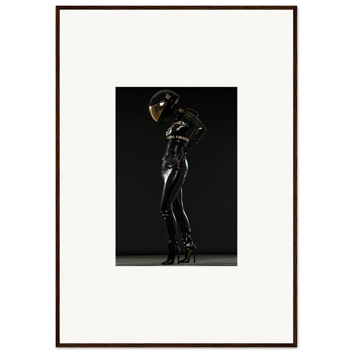 Figure in a shiny black bodysuit and helmet striking a dynamic pose.