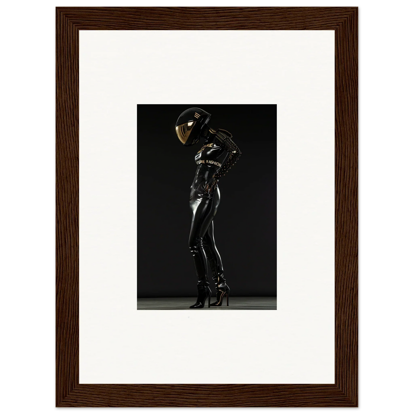 Sleek black latex or rubber bodysuit with a reflective helmet worn by a figure in a dramatic pose.