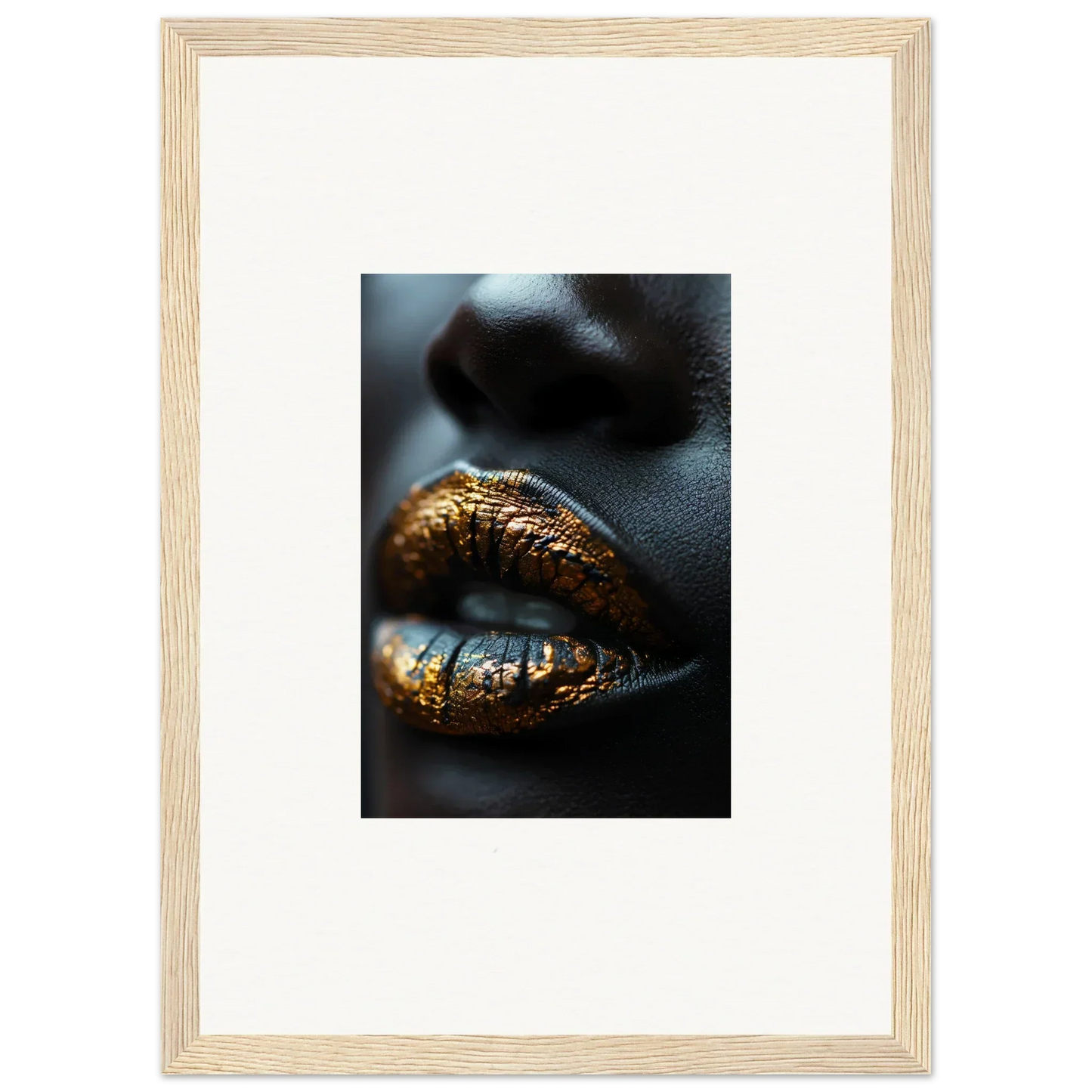 Lips adorned in shimmering gold makeup showcasing Aurora’s Gilt Glimmer for room decor