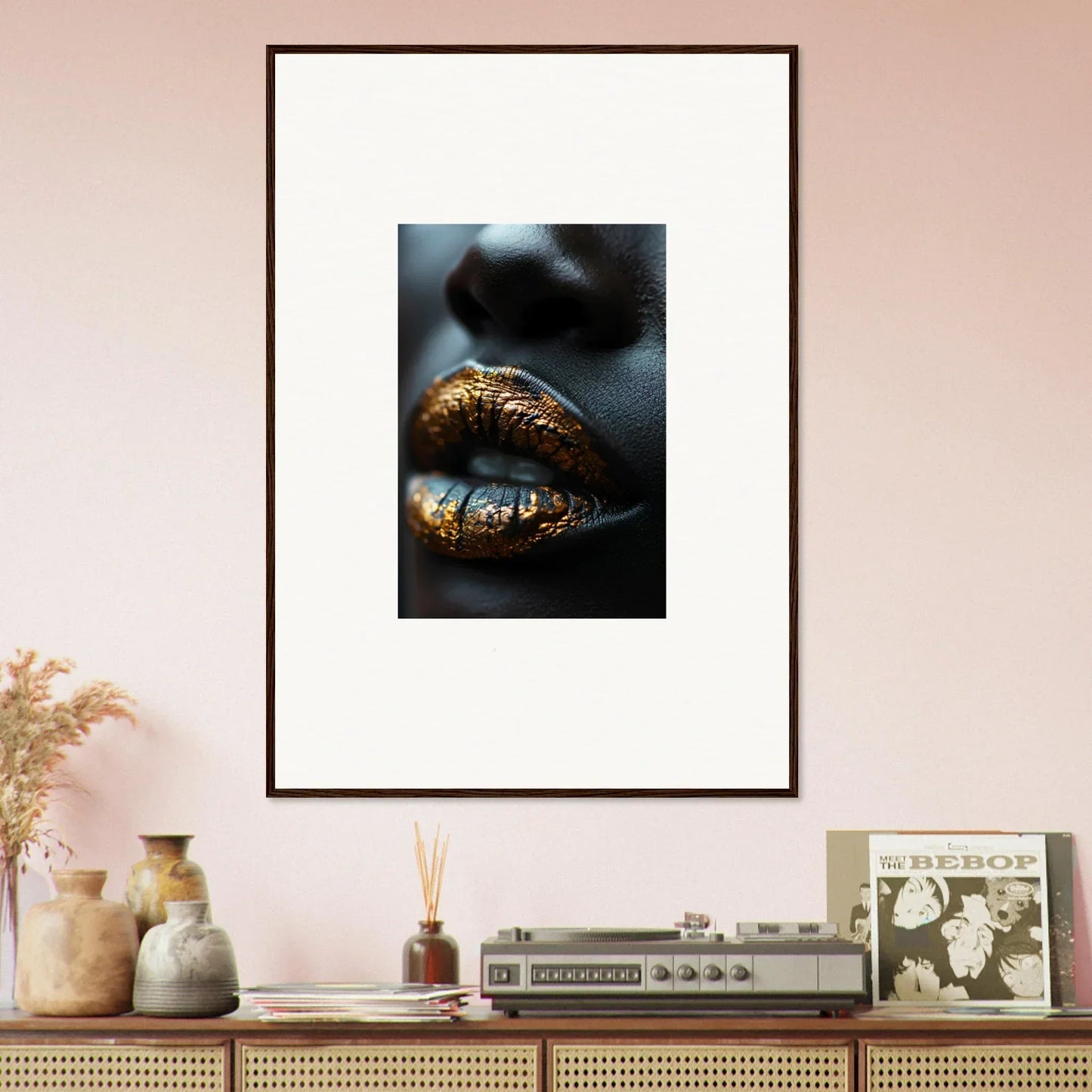 Framed wall art featuring gold-painted lips and metallic flakes in Gilt Glimmer design