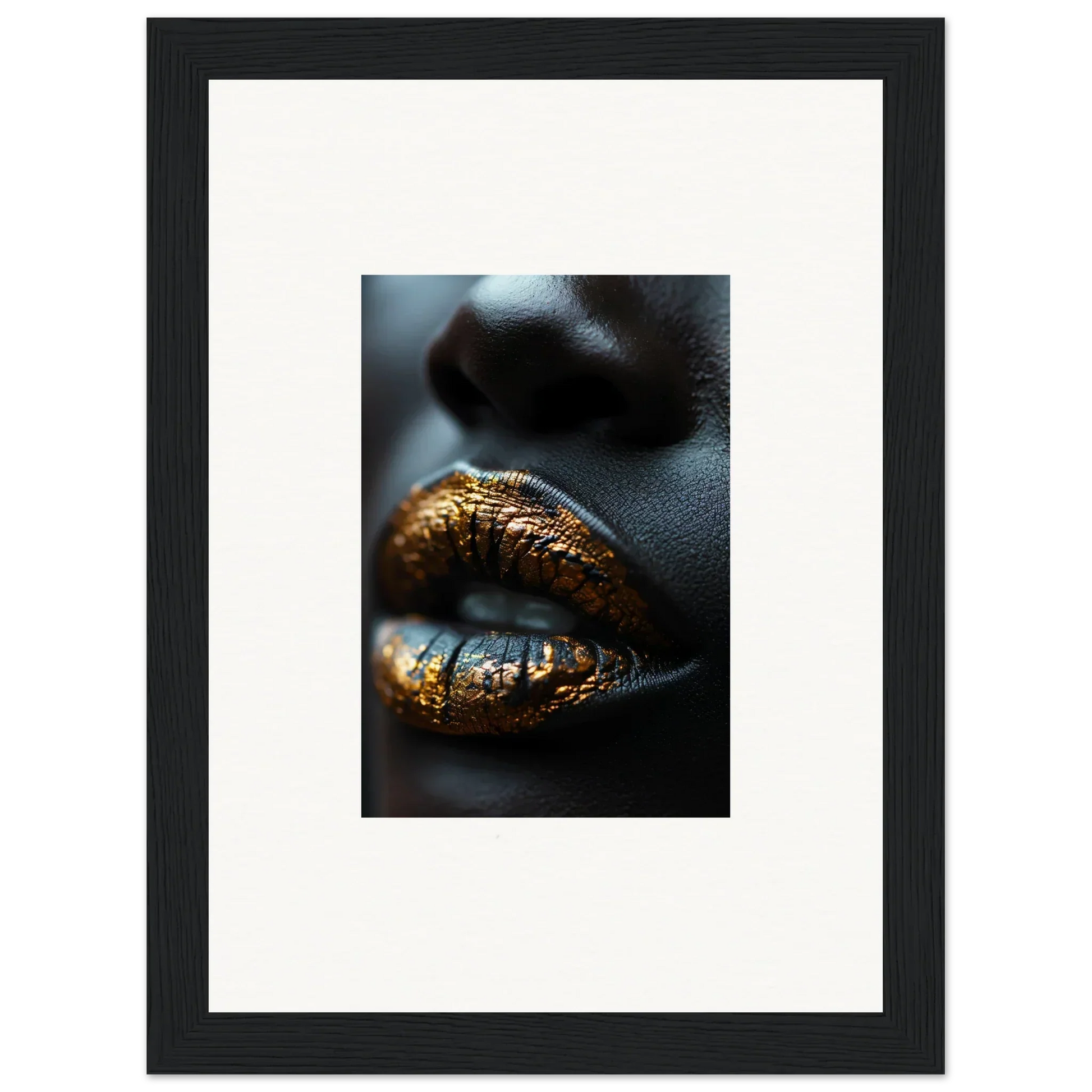 Lips with shimmering gold metallic makeup showcasing Aurora’s Gilt Glimmer for room decor