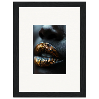 Lips with shimmering gold metallic makeup showcasing Aurora’s Gilt Glimmer for room decor