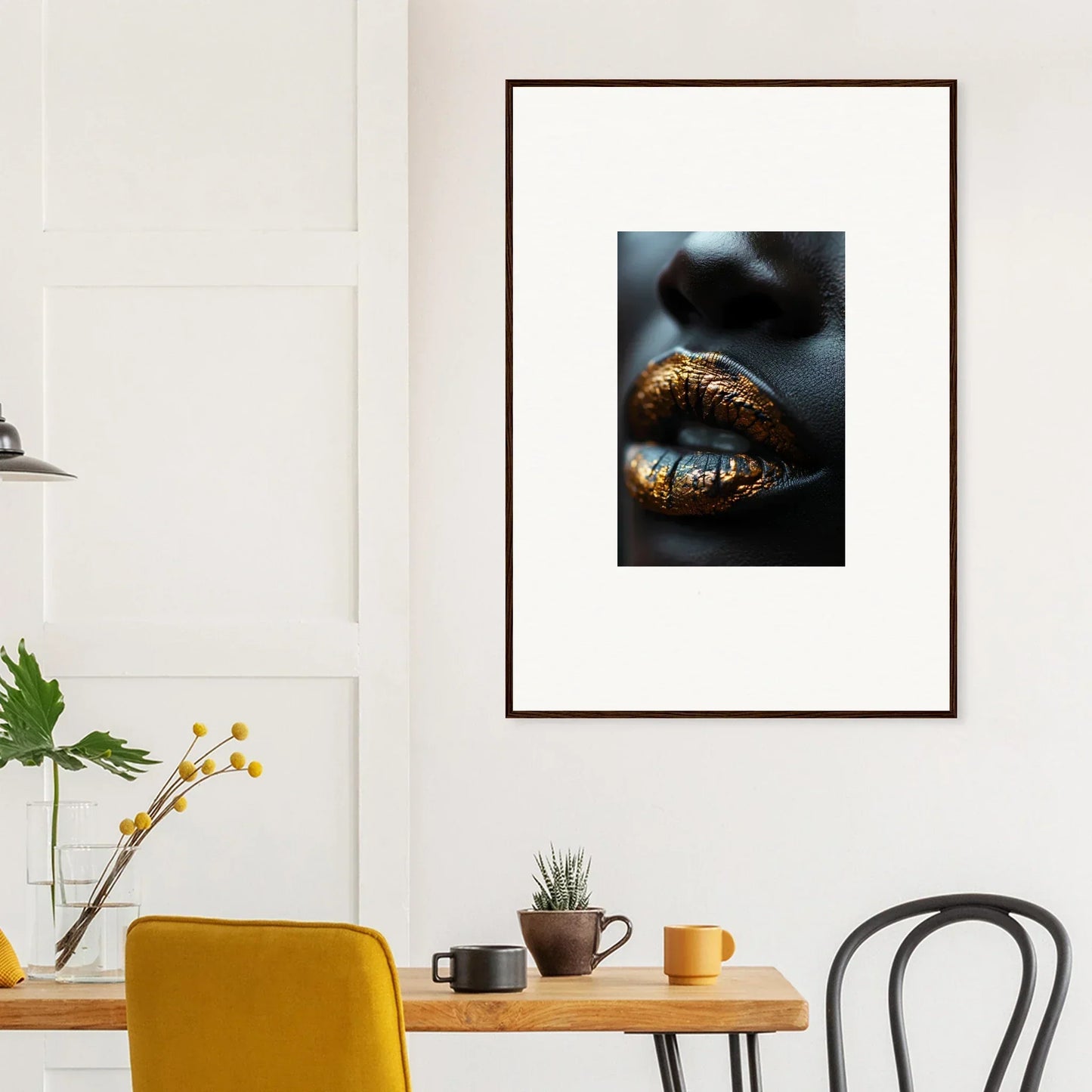 Framed wall art of lips with gilt glimmer gold glitter makeup, ideal for room decor