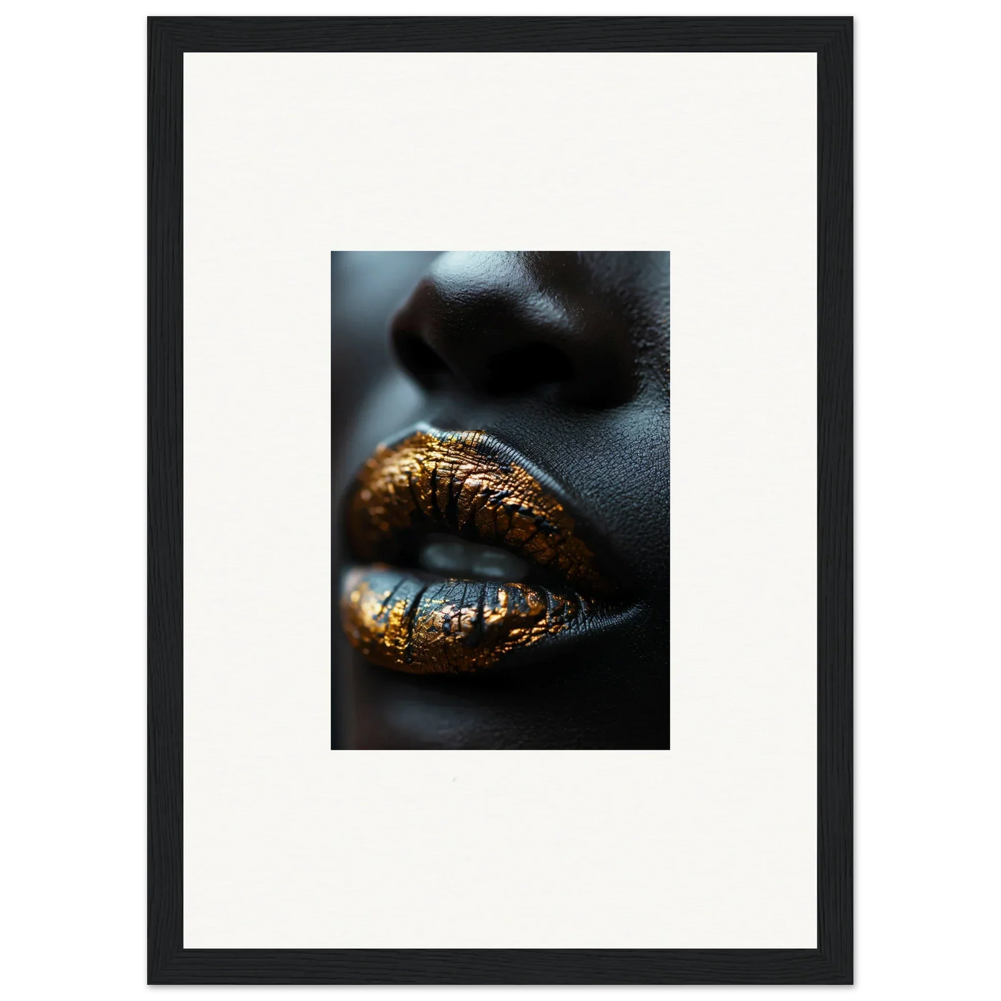 Lips adorned with shimmering gilt glimmer metallic makeup, perfect for framed wall art