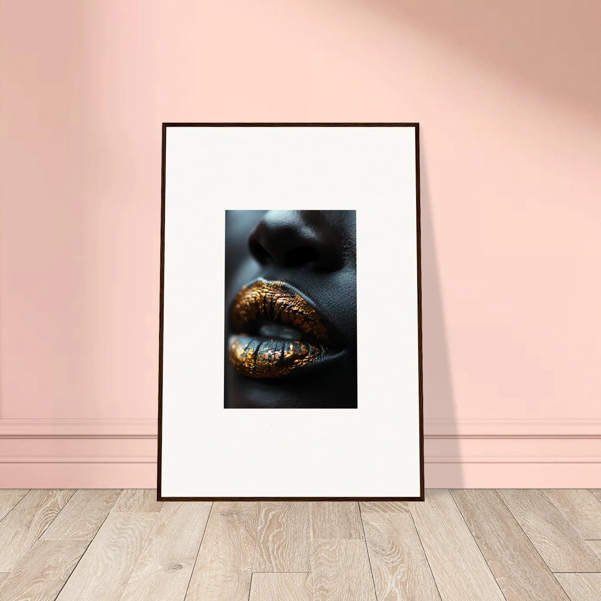 Framed wall art featuring shimmering gold and blue lips in Gilt Glimmer design