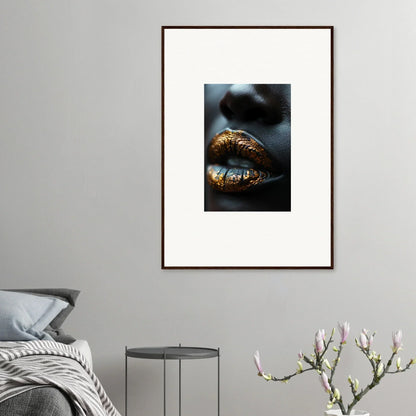 Framed wall art featuring golden lips with metallic sheen for chic room decor