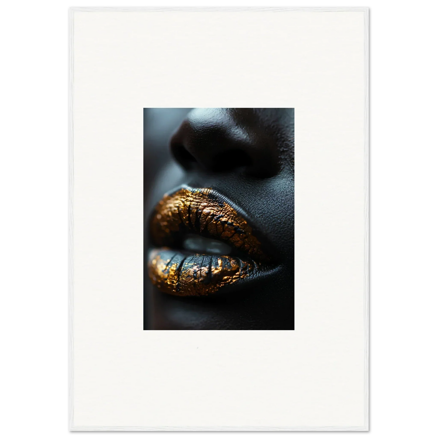 Lips with shimmering gold and blue metallic makeup from Aurora’s Gilt Glimmer collection