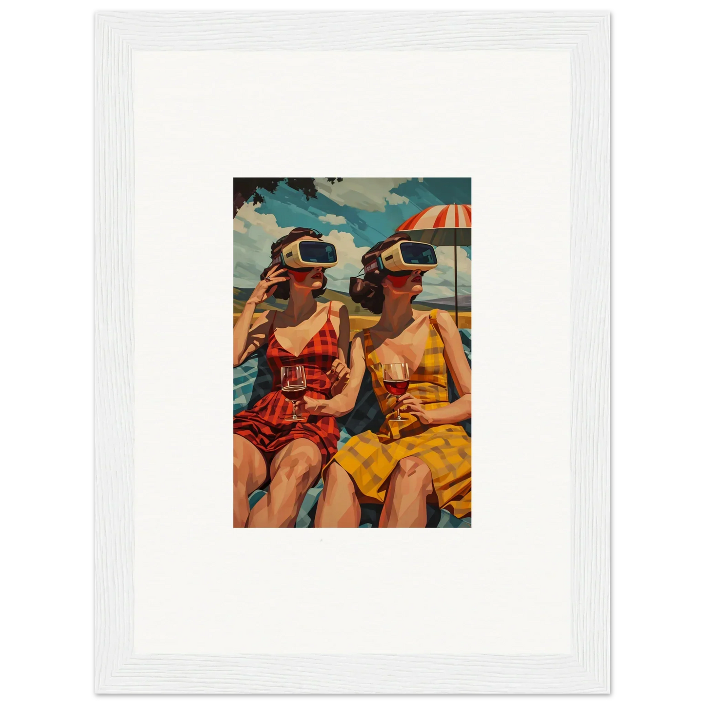 Framed vintage photo of two women in VR at the beach for awesome room decoration