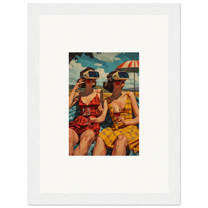 Framed vintage photo of two women in VR at the beach for awesome room decoration