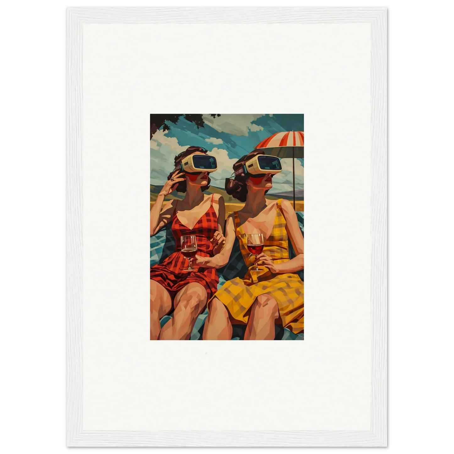 Framed canvas print of vintage women in swimsuits exploring parallel realities at the beach