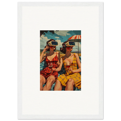 Framed canvas print of vintage women in swimsuits exploring parallel realities at the beach