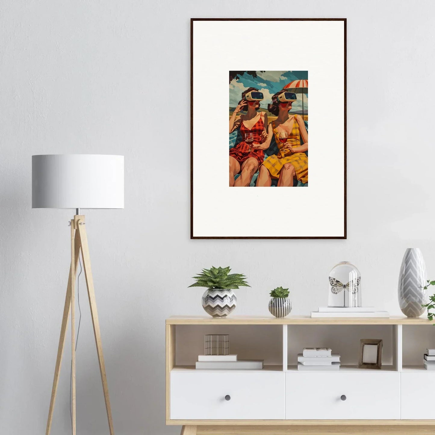 Framed canvas print of two women in colorful beachwear for fun room decoration