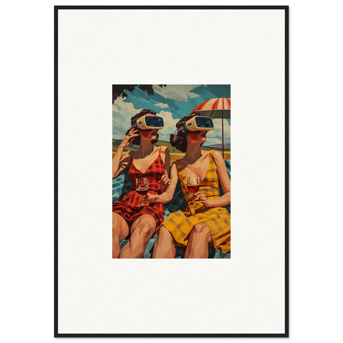 Framed vintage-style canvas print of women in swimsuits exploring parallel realities at the beach