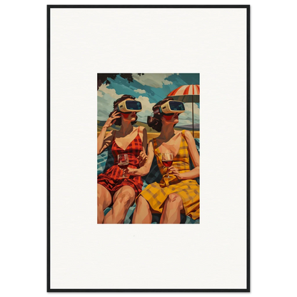 Framed vintage-style canvas print of women in swimsuits exploring parallel realities at the beach