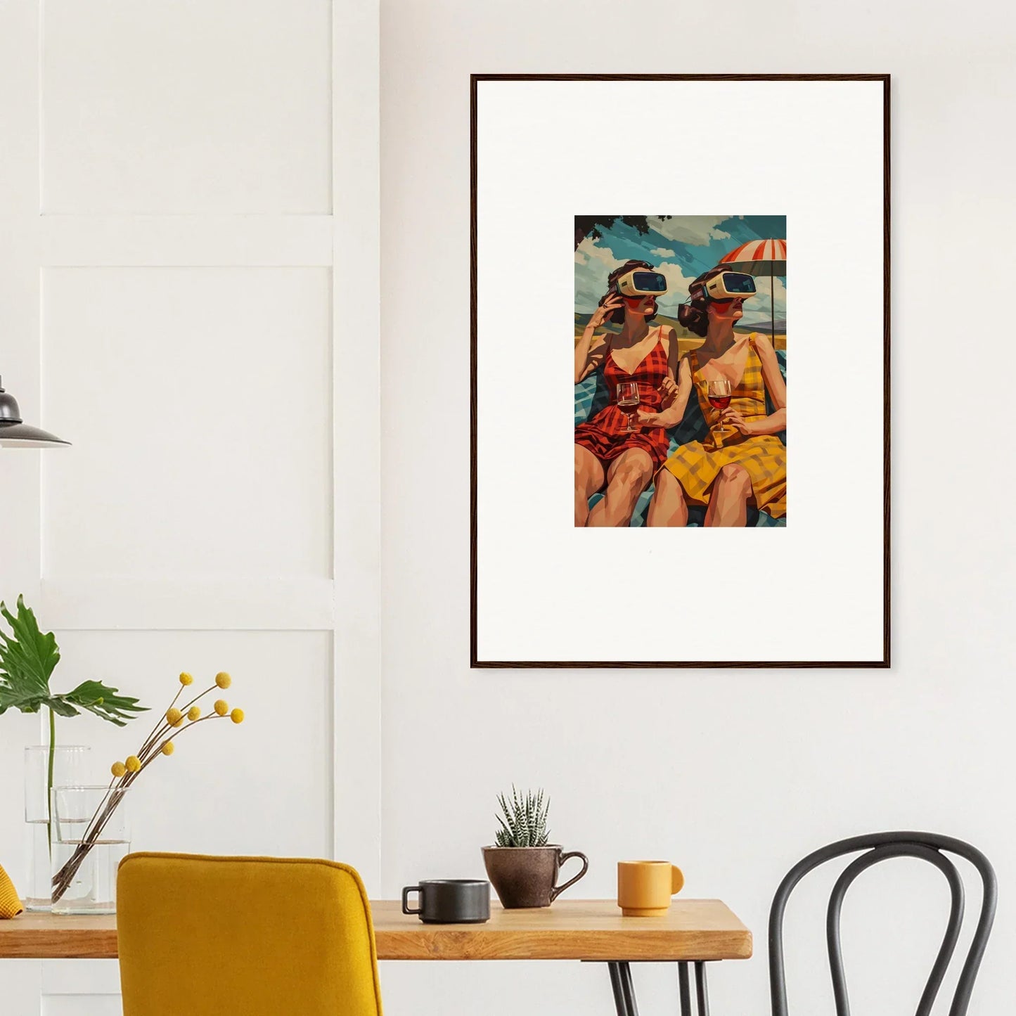 Framed canvas print of two women in swimsuits on a beach for vibrant room decoration