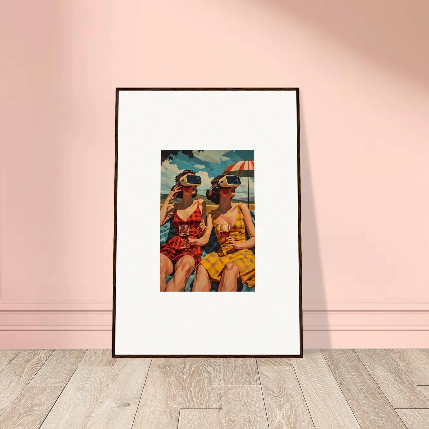 Framed canvas print of two people in colorful beachwear for vibrant room decoration