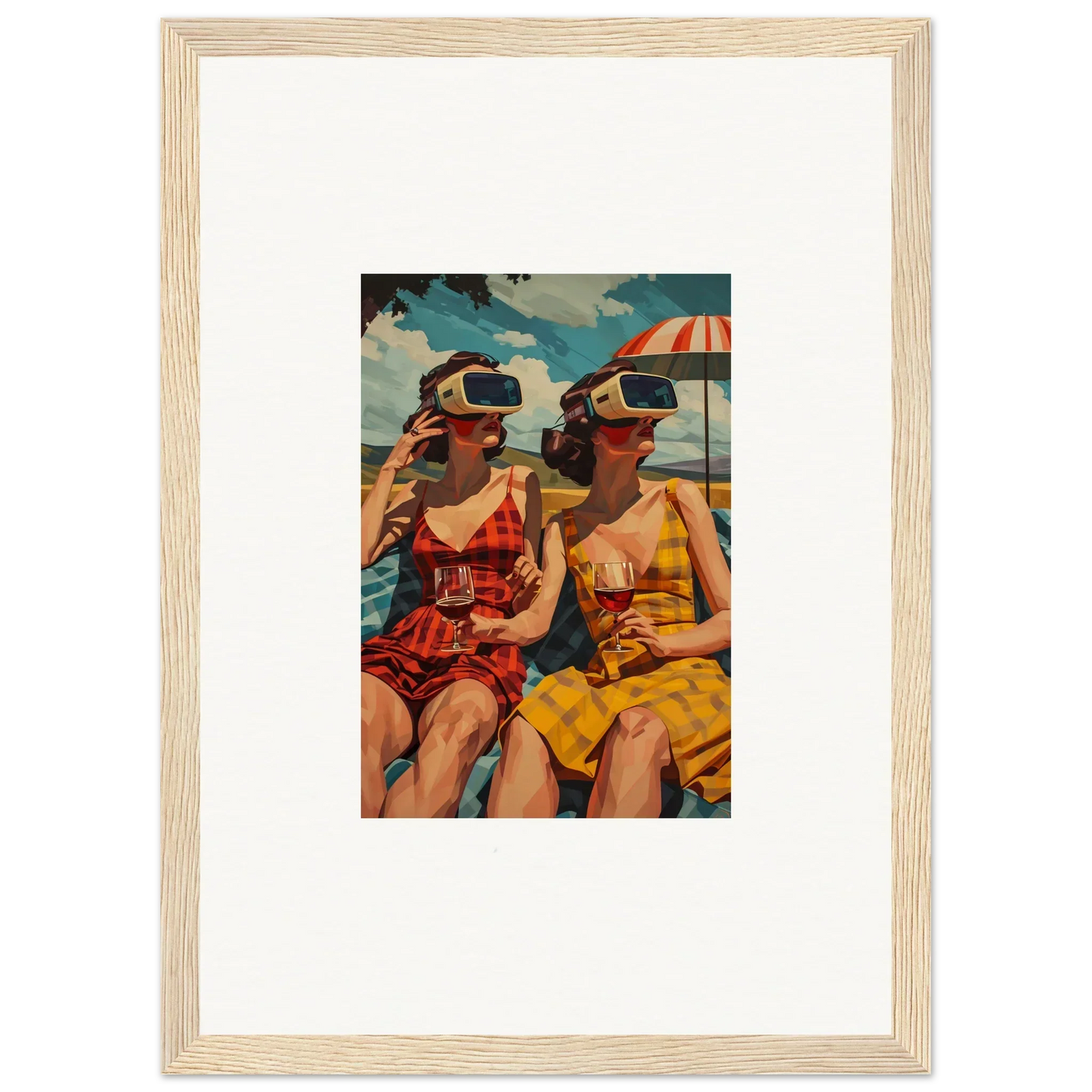 Framed vintage artwork of women in swimsuits for a chill beach vibe and room decoration