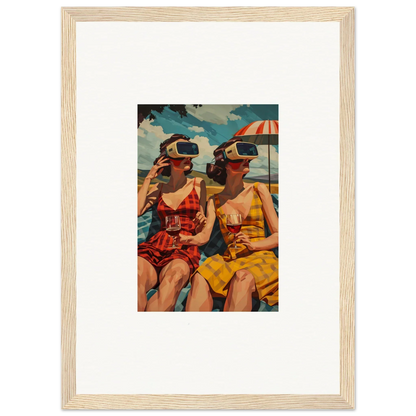 Framed vintage artwork of women in swimsuits for a chill beach vibe and room decoration