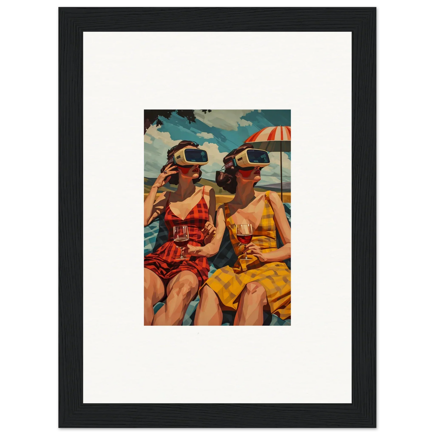 Framed vintage canvas print of women in swimsuits exploring parallel realities