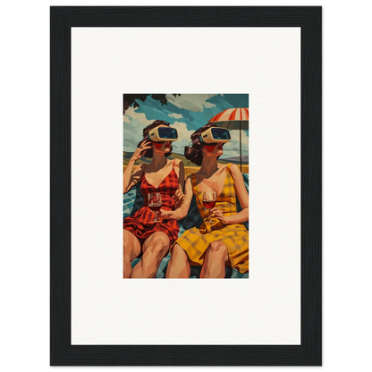 Framed vintage canvas print of women in swimsuits exploring parallel realities