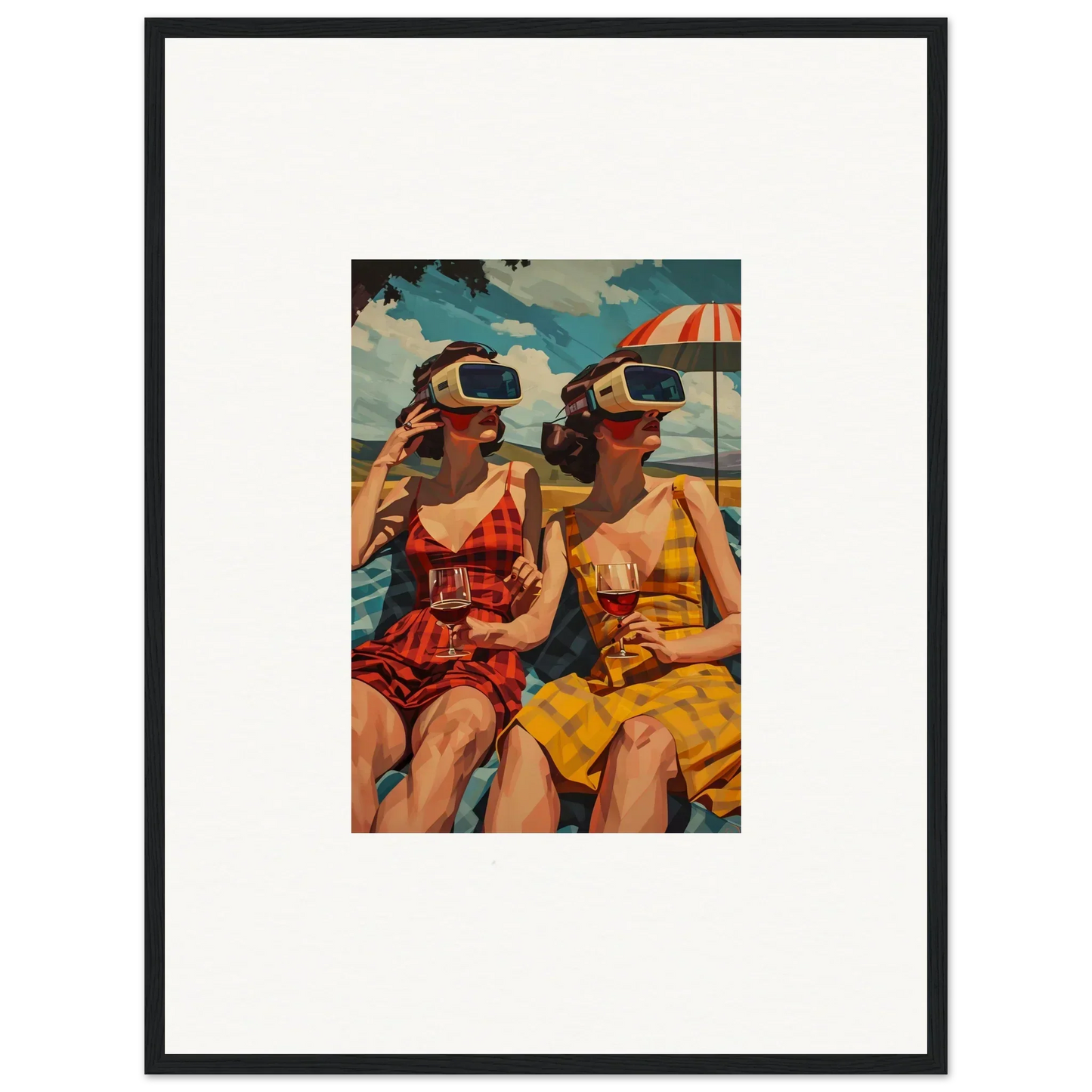 Framed vintage artwork of women at the beach, perfect for room decoration and parallel realities