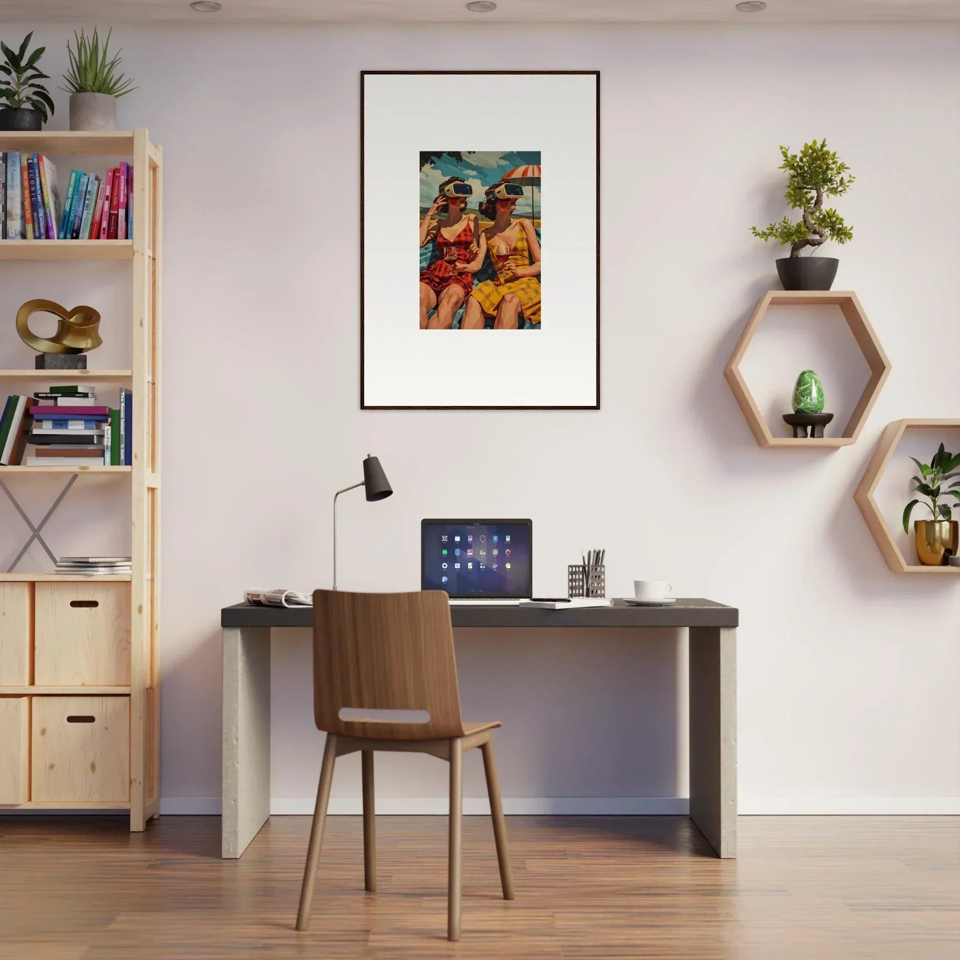 Modern home office with a desk, chair, and wall decor for parallel realities vibe