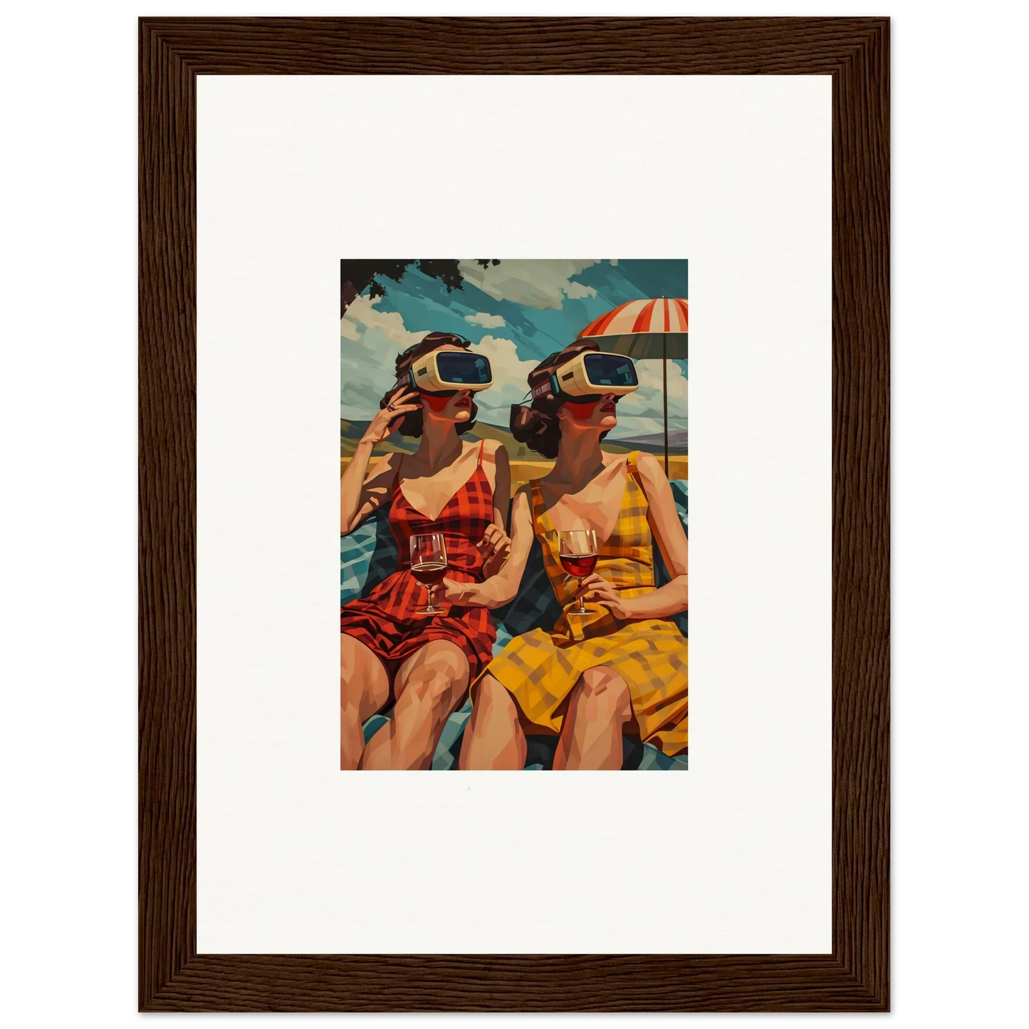 Framed vintage artwork of women in swimsuits with VR headsets for cool room decoration